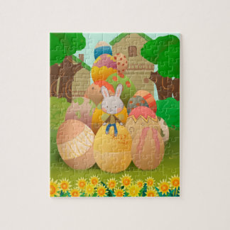 Häschen sitzt auf riesigen Ostereiern Puzzle