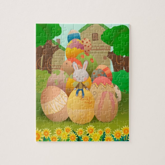 Häschen sitzt auf riesigen Ostereiern Puzzle (Vertikal)