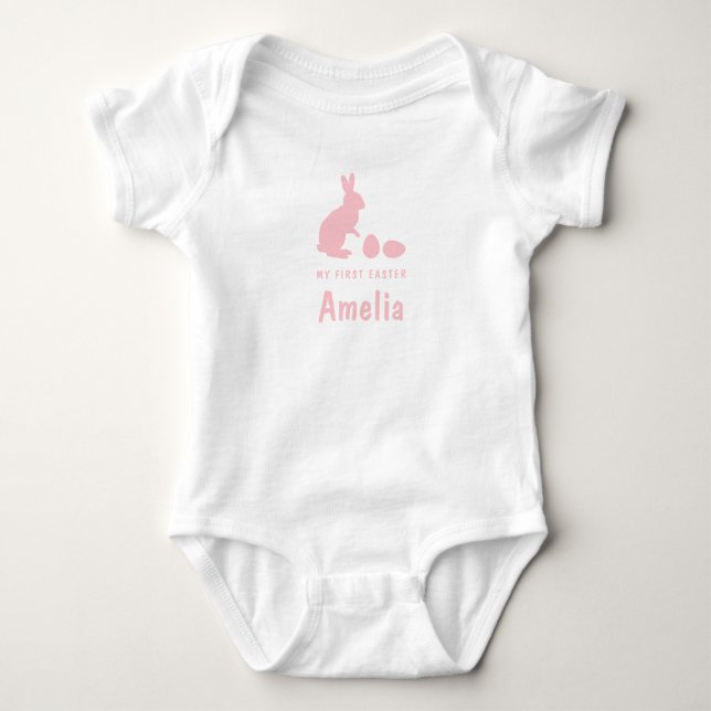 Häschen und Eier in Rosa mit Namen Mein erstes Ost Baby Strampler (Vorderseite)