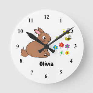 Hase, Bienen und Blume auf weißer Acryluhr Runde Wanduhr