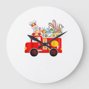 Hase fährt mit dem Feuerwehrauto am Ostersonntag g Große Wanduhr