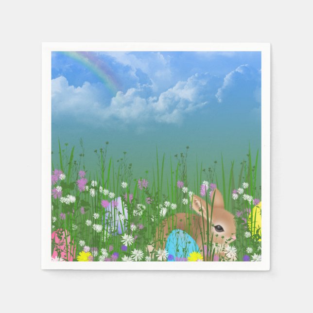 Hase in Blume mit Ostereiern und Regenbogen Serviette (Vorderseite)