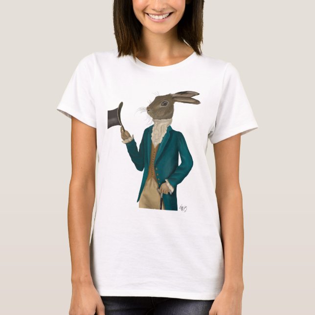 Hase in türkisfarbenem Coat T-Shirt (Vorderseite)