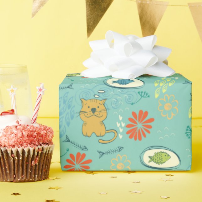 Hase Katzen und Fische Geschenkpapier (Geburtstagsparty)