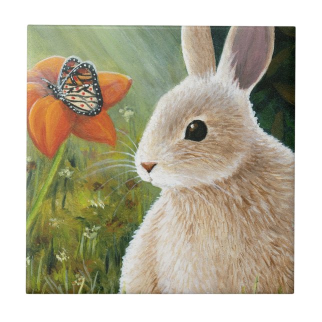 Hase mit 55 Kaninchen und Schmetterling Fliese (Vorderseite)