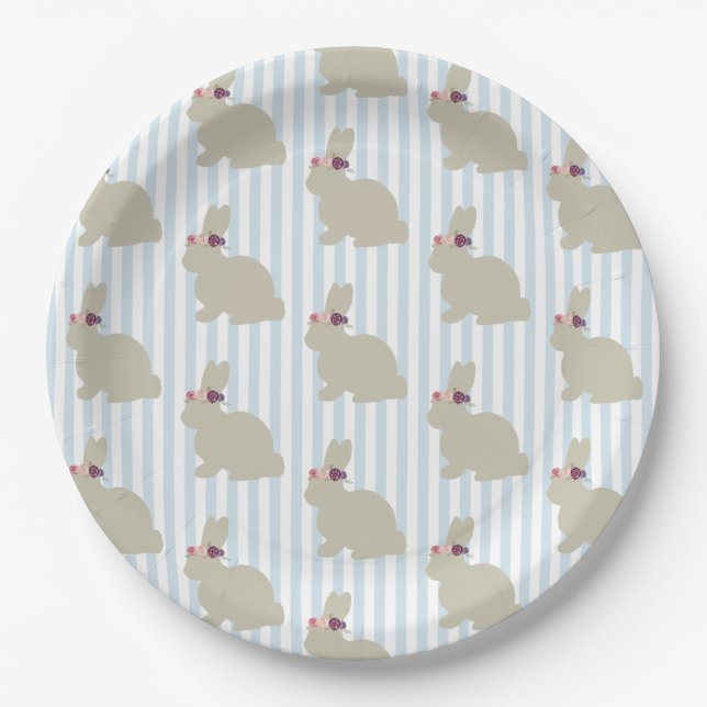 Hase mit Blüten Blau Streifen Pappteller (Vorderseite)
