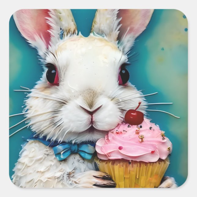 Hase mit Cupcake Quadratischer Aufkleber (Vorderseite)