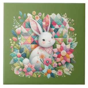 Hase mit Quilt und Blumen Fliese