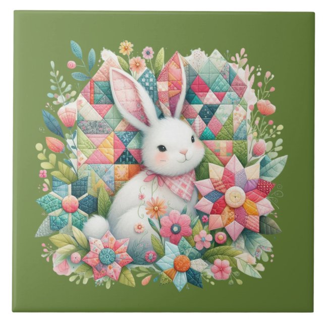 Hase mit Quilt und Blumen Fliese (Vorderseite)
