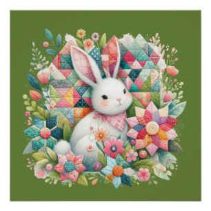Hase mit Quilt und Blumen Poster