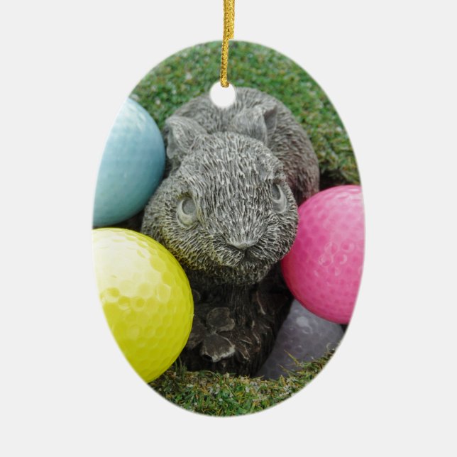 Hase mit rosa blaugelbem Ei Keramik Ornament (Vorne)