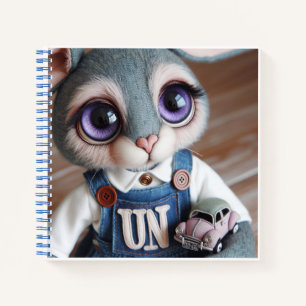 Hase mit Spielzeugauto in Jeans-Overall Notizbuch