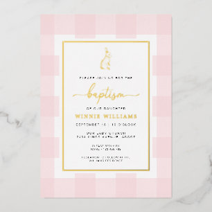 Hase Pink Gingham Taufe Goldfolie Einladung