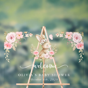Hase, Schmetterling, Blumen, Babyparty-Willkommen Acrylschild