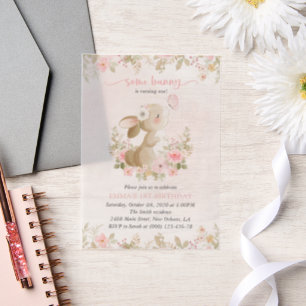 Hase, Schmetterling, rosa Blumen, erster Geburtsta