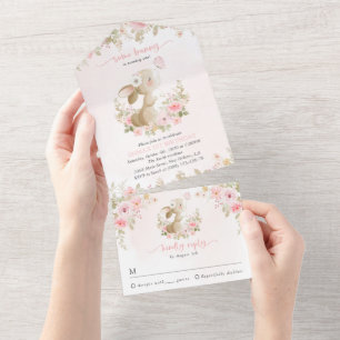 Hase, Schmetterling, rosa Blumen, erster Geburtsta All In One Einladung