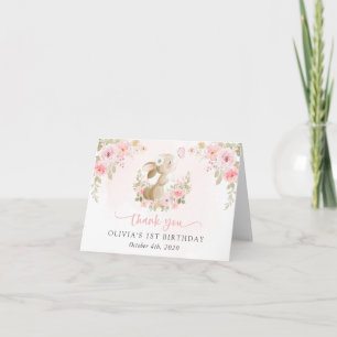 Hase, Schmetterling, rosa Blumen, erster Geburtsta Dankeskarte