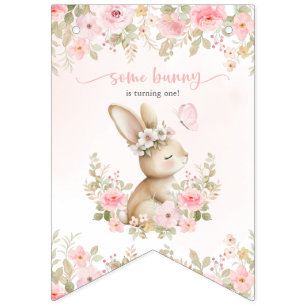 Hase, Schmetterling, rosa Blumen, erster Geburtsta Wimpelkette