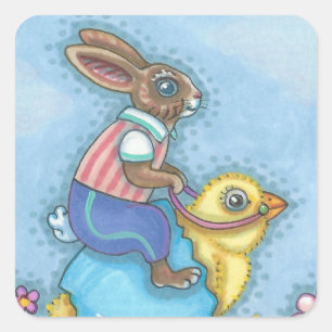 Hase und Baby-Küken OSTERHASEN-AUFKLEBER Bogen Quadratischer Aufkleber