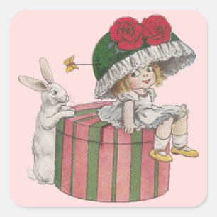 Hase und Mädchen auf riesiger Hutbox Vintage Oster Quadratischer Aufkleber