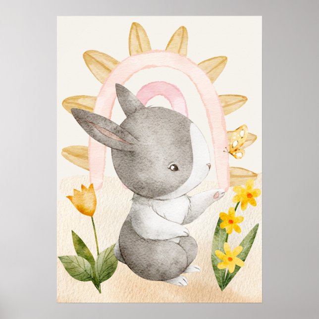 Hasen, Babytiere, Boho, Gelbe Blumen, Regenbogen Poster (Vorne)