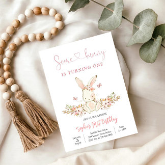 Hasen-Blumen-Erstgeburtstagseinladung Einladung