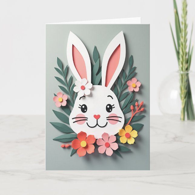 Hasen-Blumen-Papierkunstkarte Karte (Vorderseite)