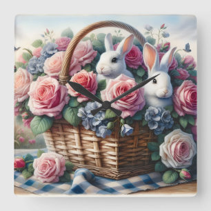 Hasen, gebettet zwischen Cottage-Rosen Quadratische Wanduhr