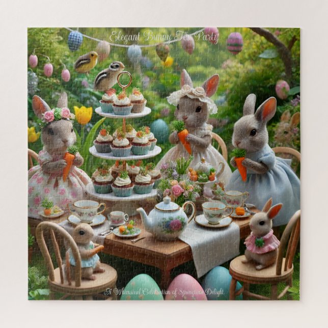 Hasen-Oster-Teeparty, elegante Frühlings-Tiere Puzzle (Vertikal)