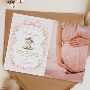 Hasen-Pink-Schleife Gingham-Baby-Shower-Foto Dankeskarte