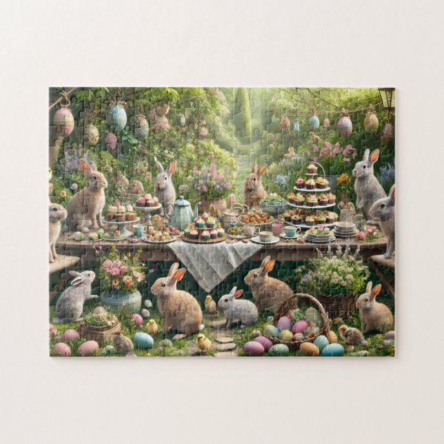 Hasen-Teeparty Skizze Oster-Gartenszene Puzzle (Horizontal)