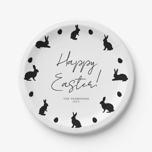 Hasen und Eier in schwarz, modernes Frohe Ostern Pappteller (Vorderseite)