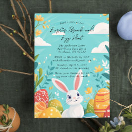 Hasen- und Eiertöpfe Osterblau Brunch und Eierjagd Einladung