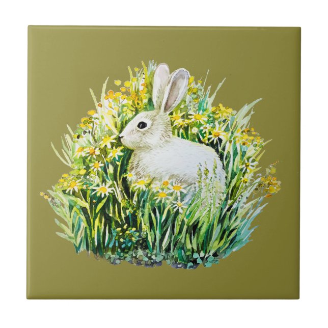 Hasen und gelbe Blumen Fliese (Vorderseite)