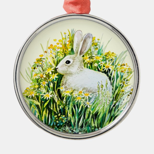 Hasen und gelbe Blumen Ornament Aus Metall (Vorne)