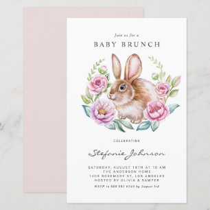 Hasen- und rosa Blumen-Baby-Brunch-Einladung