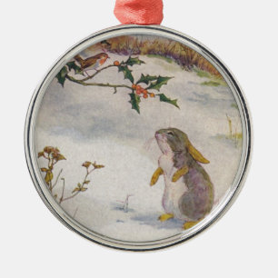 Hasen und Rotkehlchen Vintage-Kunst Ornament Aus Metall