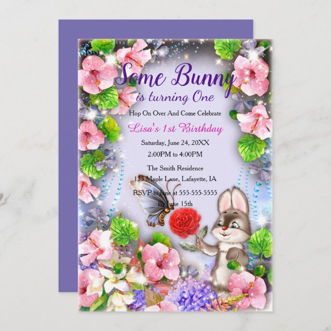 Hasen und Schmetterling 1. Geburtstag Einladung (Vorne/Hinten)