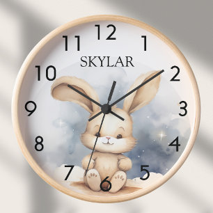 Hasenbaby Blaue Himmel Beige Boho Kinderzimmer Uhr