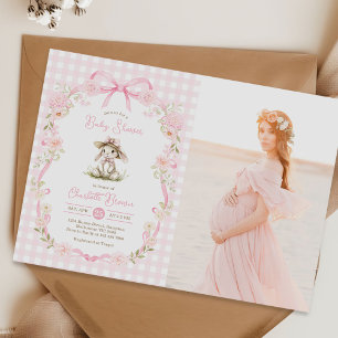 Hasenbaby-Party-Foto mit rosa Schleife und Gingham Einladung