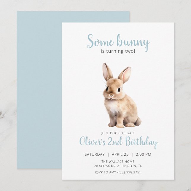 Hasenblaue Kindergeburtstag Party Einladung (Vorne/Hinten)