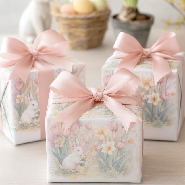 Hasenflorals für Frühling-Ostern  Geschenkpapier Set (Wrapped in bunny florals with blush bows, these spring gifts charm any Easter table setting.)