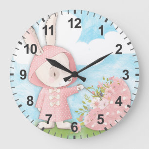 Hasenkaninchen Regenschirm & Blumen Große Wanduhr