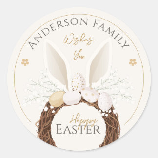 Hasenohren-Kranz Frohe Ostern Nest Elfenbein Gold Runder Aufkleber