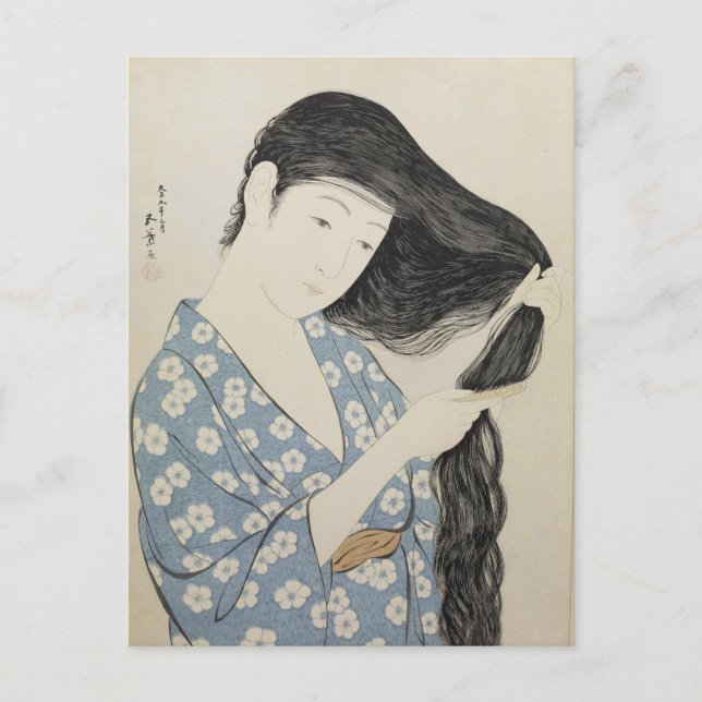 Hashiguchi Goyo - Frau in blau Coming your Hair Postkarte (Vorderseite)