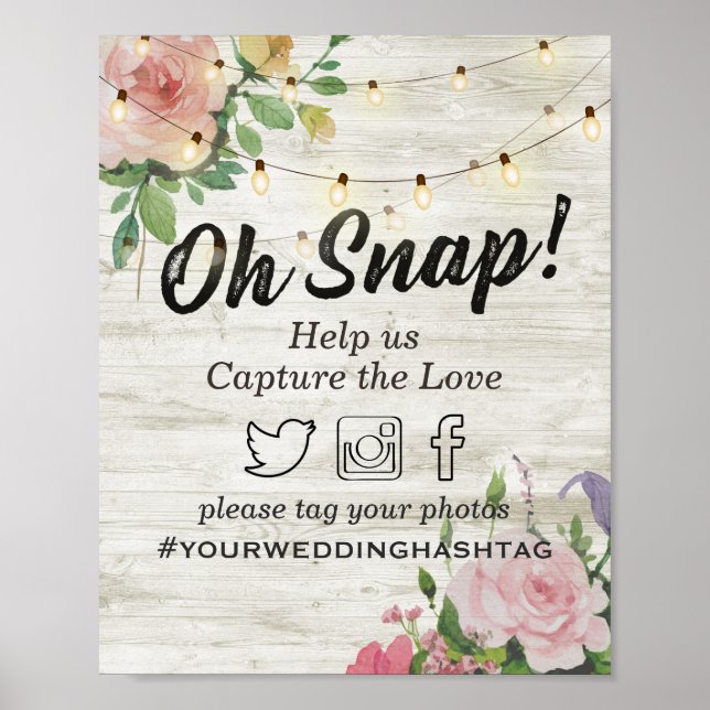 Hashtag-Hochzeitszeichen für Holzfloral Poster (Vorne)