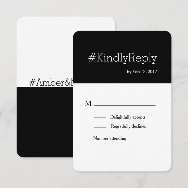 Hashtag moderne Schwarz-weiß-schicke Hochzeit rsvp Einladung (Vorne/Hinten)