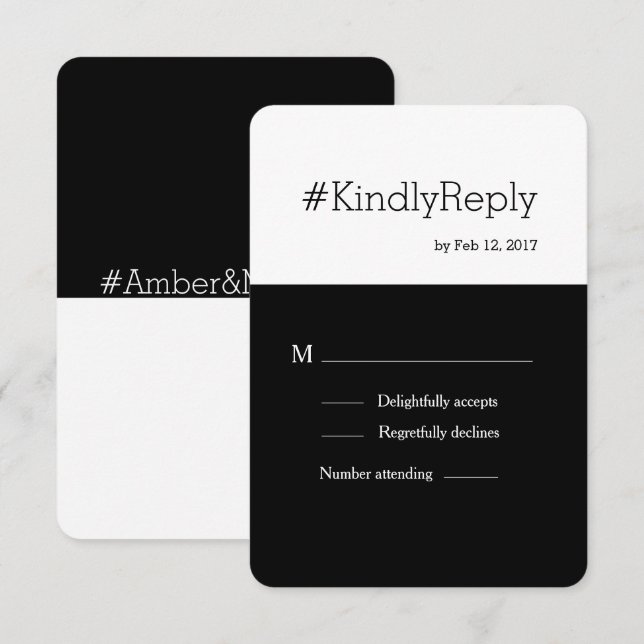 Hashtag moderne Schwarz-weiß-schicke Hochzeit rsvp Einladung (Vorne/Hinten)
