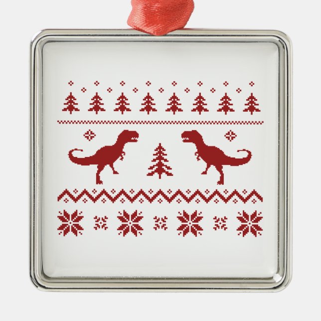 Hässliche T-Rex Dinosaurier-Weihnachtsstrickjacke Silbernes Ornament (Vorne)