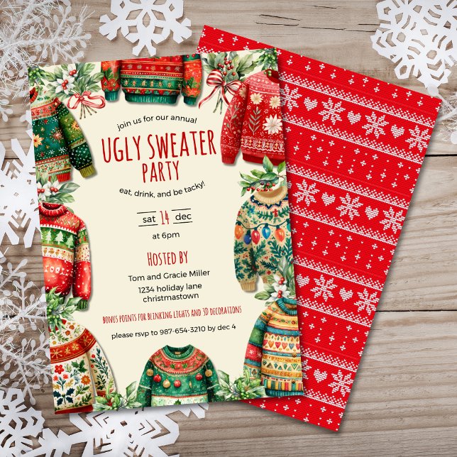 Hässliche Weihnachtspullover-Weihnachtsfeier  Einladung (Ugly Sweater Christmas Party Invitation with a variety of sweaters, handwritten font, sweater print.)